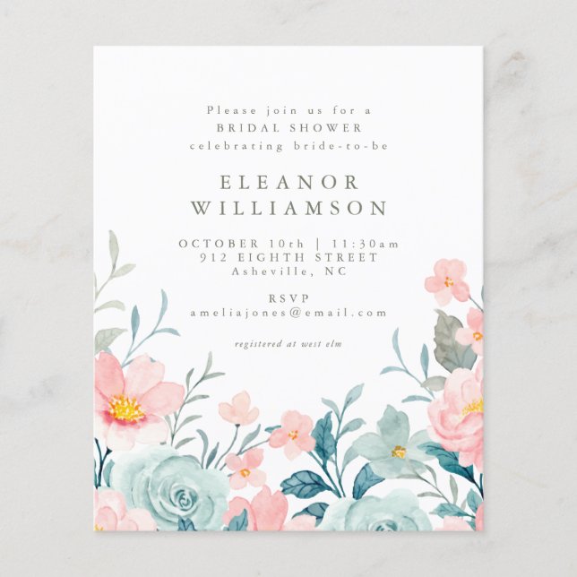 Budget Teal Watercolor Floral Bridal Shower Invite (Front)