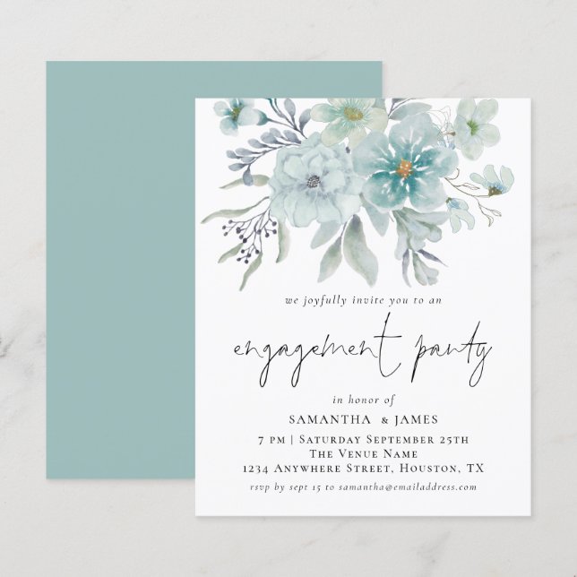 Budget Teal White Florals  Engagement Party Invite (Front/Back)