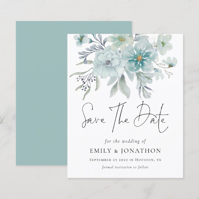 Budget Teal White Florals Wedding Save The Date (Front/Back)