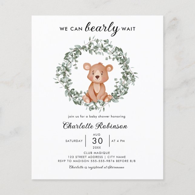 Budget Teddy Bear Greenery Baby Shower Invitation (Front)