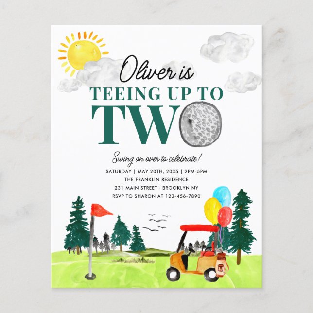 Budget Teeing to Two Golf Boy Golfing 2nd Birthday Flyer (Front)