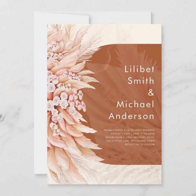 BUDGET Terracotta Coral Pampas Grass Wedding Invitation (Front)