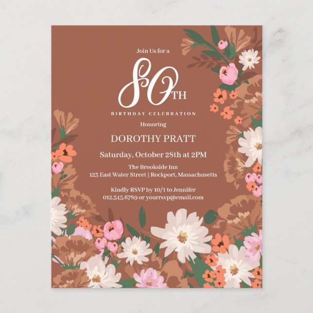 Budget Terracotta Floral 80th Birthday Invite (Front)