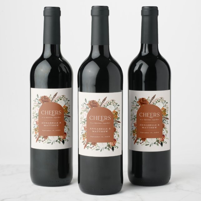 Budget Terracotta floral wedding favour gift Wine  Wine Label (Bottles)