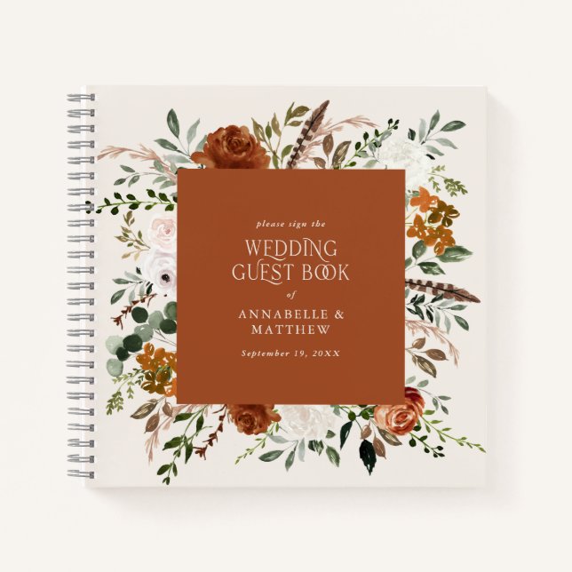 Budget terracotta floral wedding guest book rustic (Front)