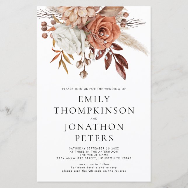 Budget Terracotta Florals Code Wedding Invite (Front)