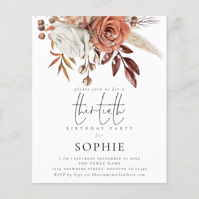 Budget Terracotta Florals Script 30th Party Invite (Front)