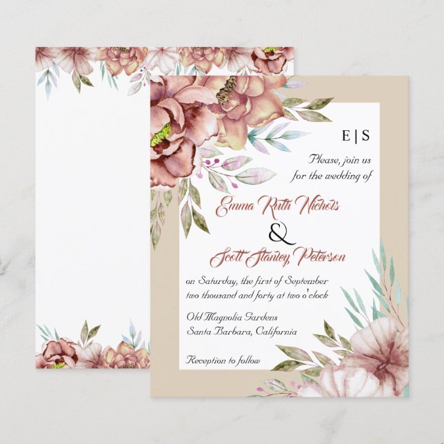 BUDGET terracotta flowers fall wedding invitation (Front/Back)