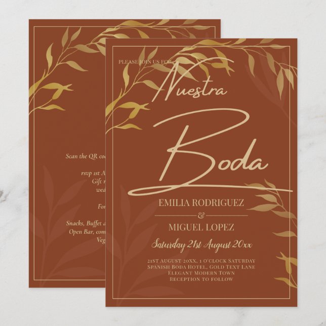 Budget Terracotta GOLD Nuestra Boda Spanish Weddin Invitation (Front/Back)