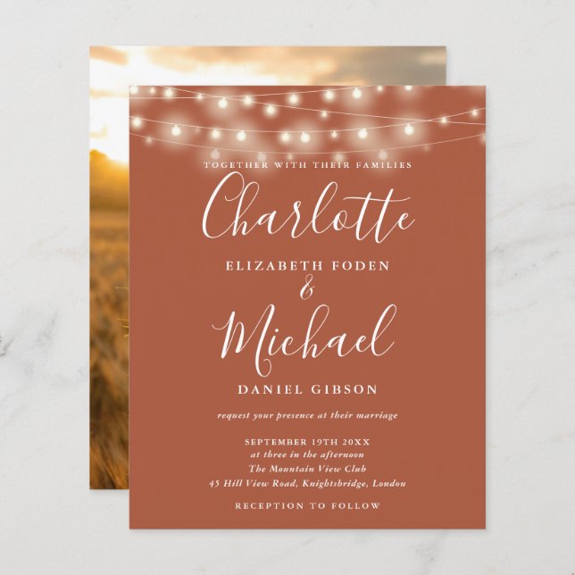 Budget Terracotta Lights Photo Wedding Invitation (Front/Back)