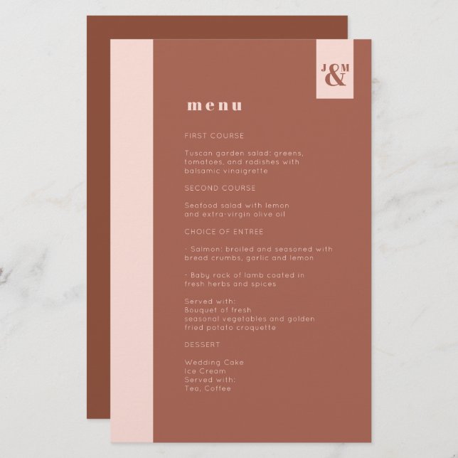 Budget Terracotta Modern Monogram Wedding Menu (Front/Back)