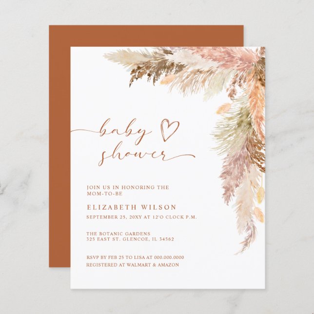 Budget Terracotta Pampas Grass Baby Shower Invite (Front/Back)