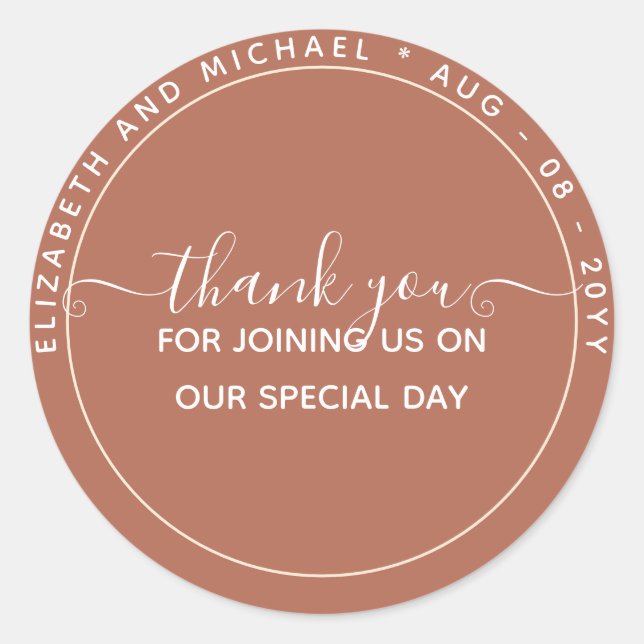 BUDGET Terracotta Thank You Favour Monochrome Classic Round Sticker (Front)