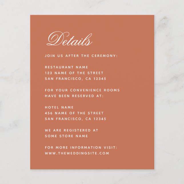 Budget Terracotta Wedding Details Enclosure Card (Front)
