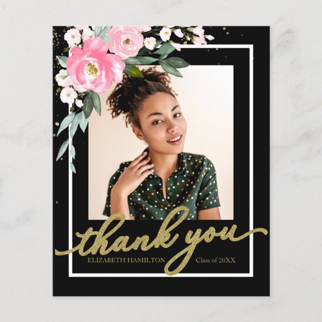 Budget Thank You Card Hot Pink Floral Grad Photo (Front)