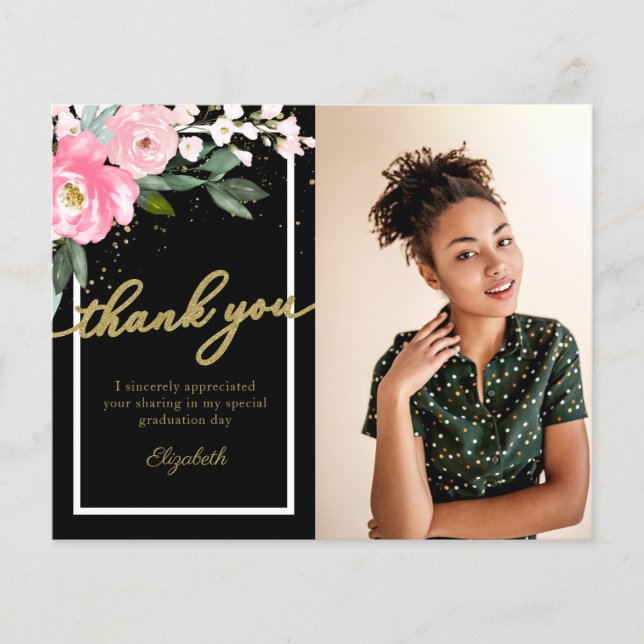 Budget Thank You Card Hot Pink Floral Photo Grad (Front)