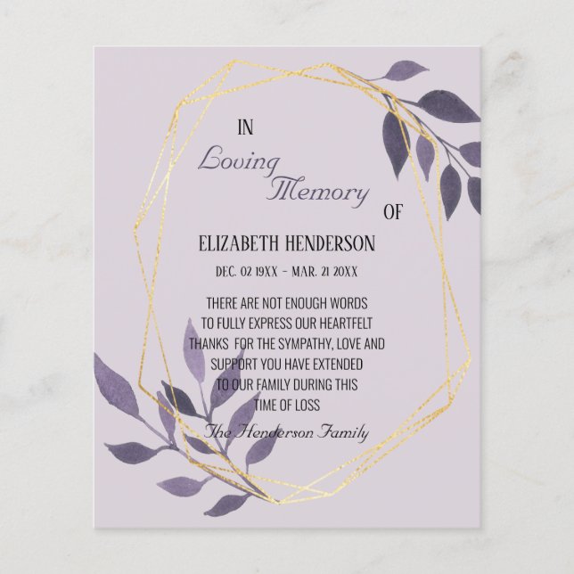 Budget/Thank you card in memory Sympathy. (Front)