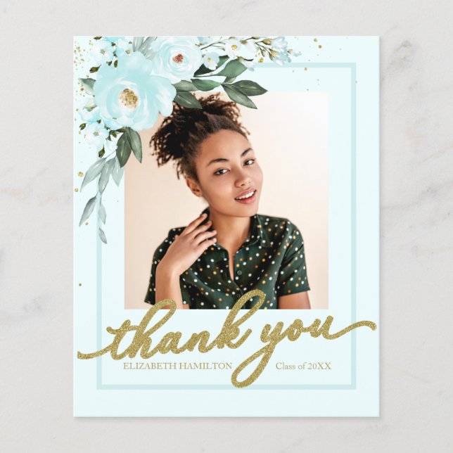 Budget Thank You Card Teal Floral Grad Photo (Front)