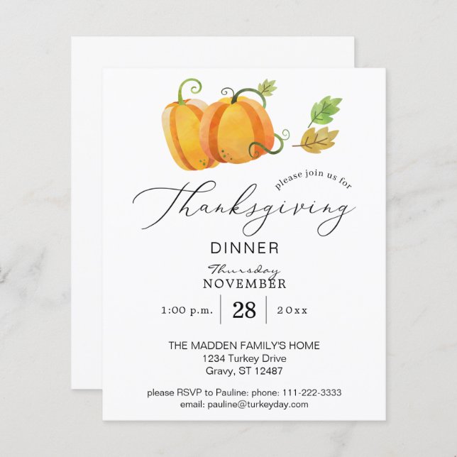 Budget Thanksgiving Pumpkin Duo Watercolor Dinner (Front/Back)