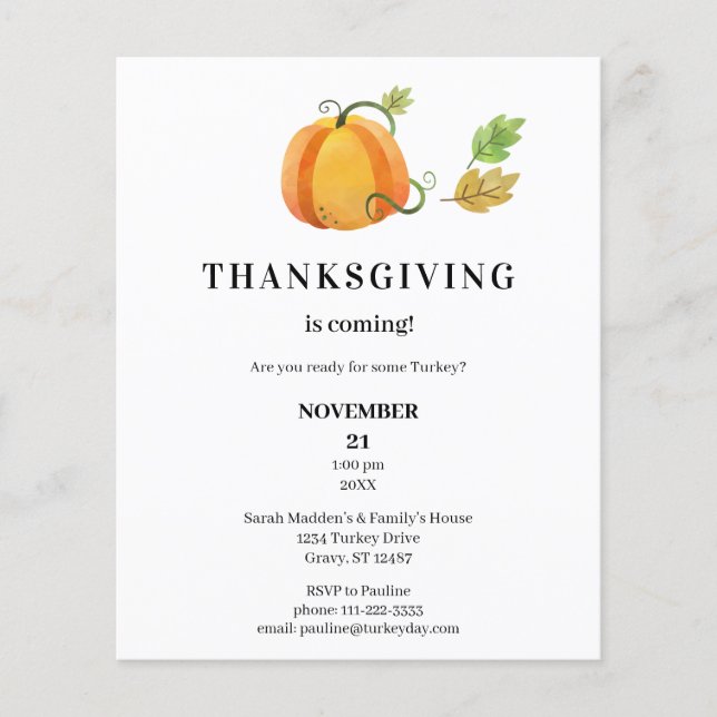 Budget Thanksgiving Pumpkin Watercolor Dinner Flyer (Front)