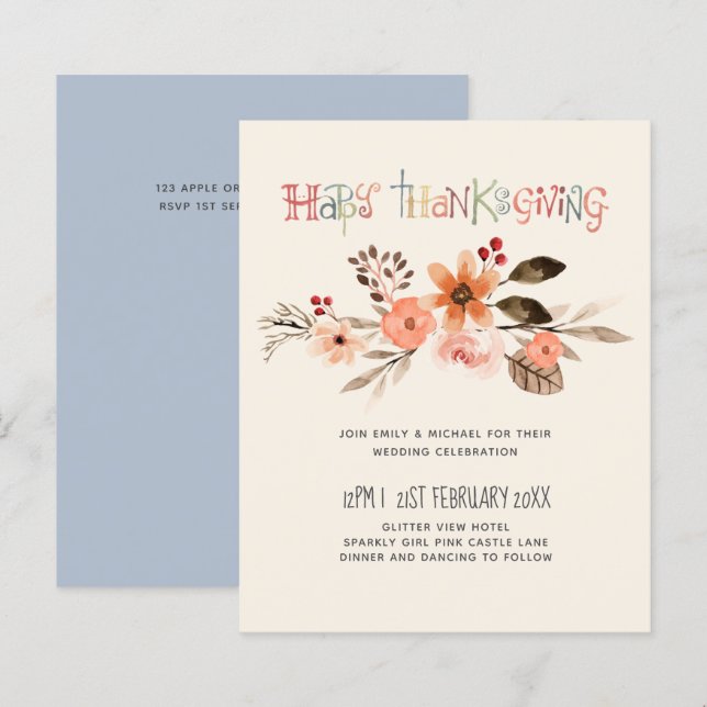 BUDGET  Thanksgiving Wedding Invitations DustyBlue (Front/Back)