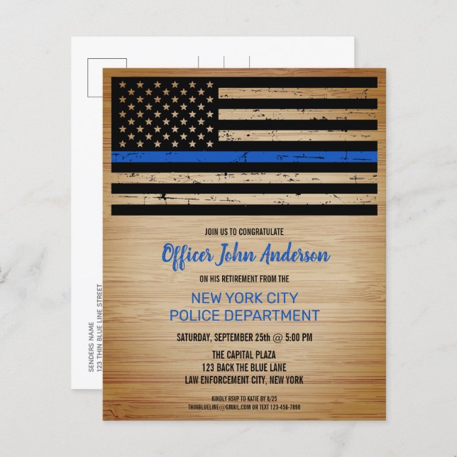 Budget Thin Blue Line Police Retirement Invitation (Front/Back)