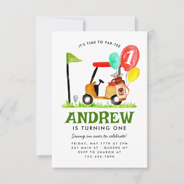 Budget Time to Par-tee Cart Balloon Golf Birthday Card (Front)