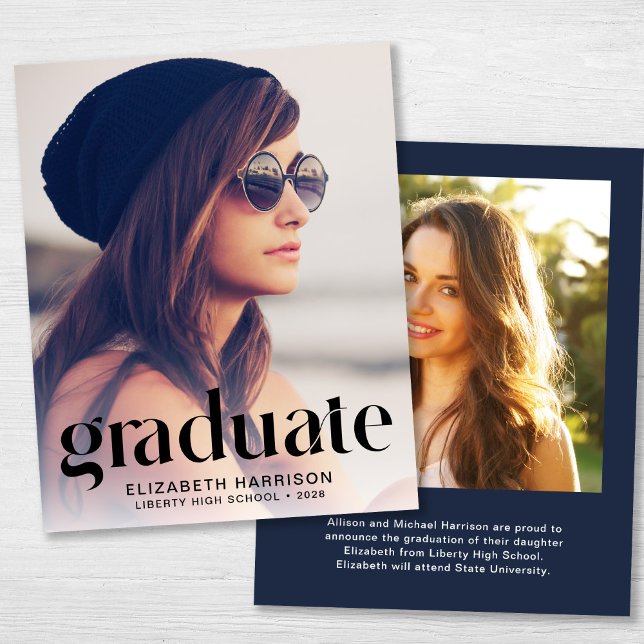 Budget Trendy 2 Photo Blue Graduation Announcement (Creator Uploaded)