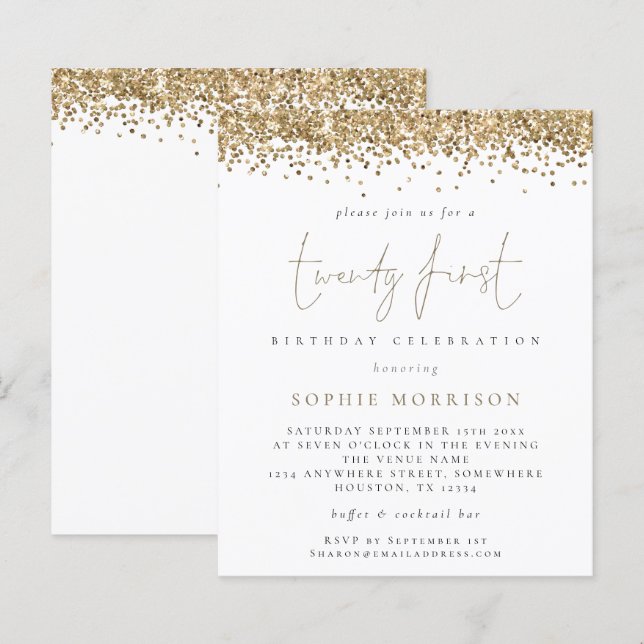 Budget Trendy Gold Glitter 21st Birthday Invite (Front/Back)