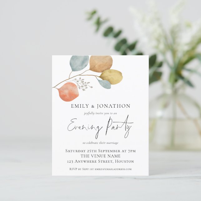 Budget Trendy Leaves Wedding Evening Party Invite (Standing Front)
