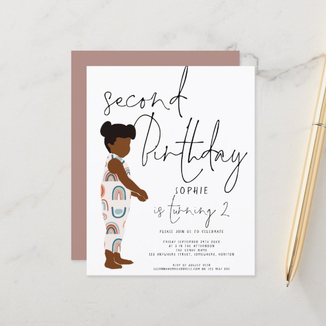 Budget Trendy Script Girl 2nd birthday invitation (Front/Back In Situ)