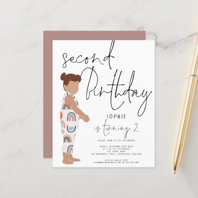 Budget Trendy Script Girl 2nd birthday Invitation (Front/Back In Situ)