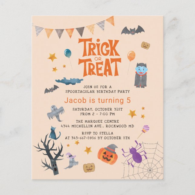 Budget Trick or Treat Halloween Birthday Party Flyer (Front)