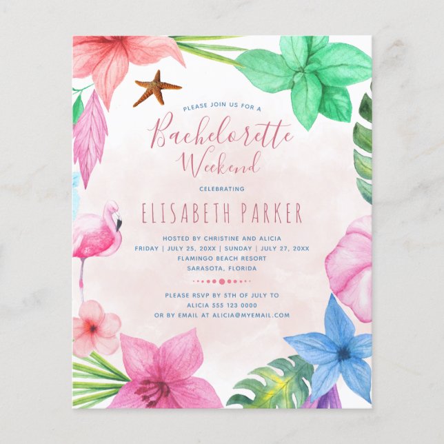 Budget tropical bachelorette party invitation flyer (Front)