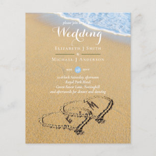 Budget Tropical Beach Hearts in Sand Wedding Invit