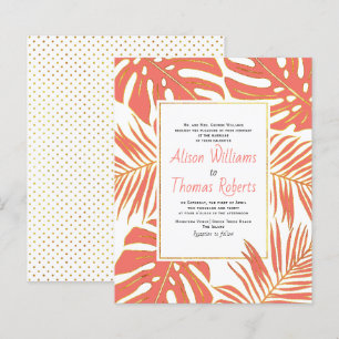 BUDGET tropical coral leaves wedding invitation