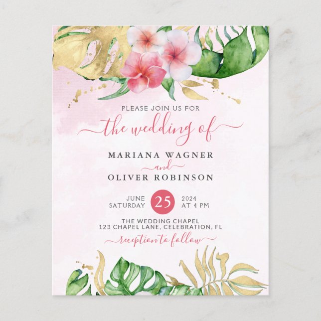 Budget Tropical Floral Wedding Invitation Flyer (Front)