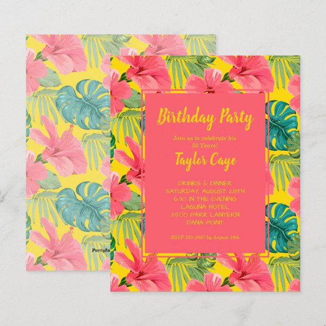 Budget Tropical Flowers Birthday Party Invitations (Front/Back)
