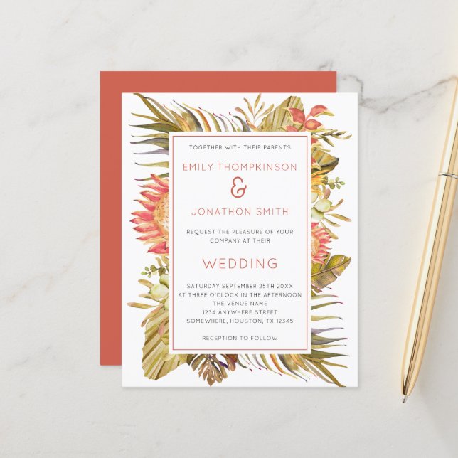 Budget Tropical Foliage Florals Wedding Invitation (Front/Back In Situ)