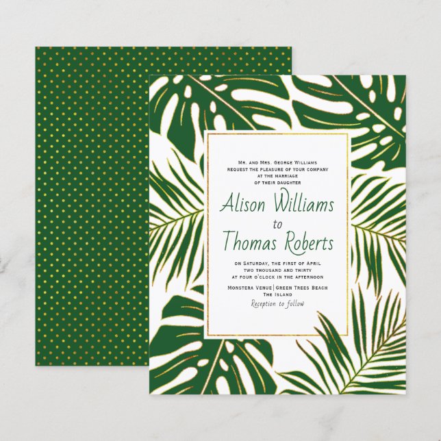 BUDGET tropical green leaves wedding invitation (Front/Back)