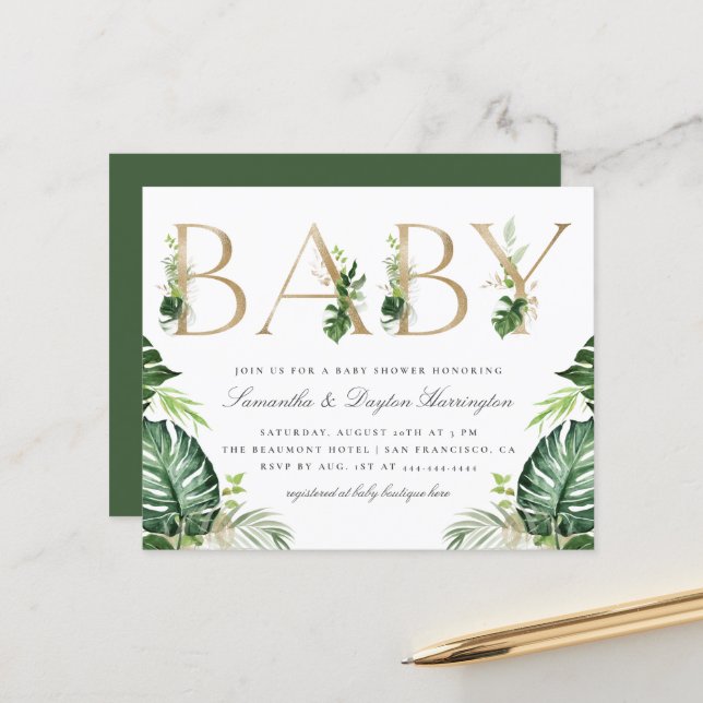 Budget Tropical Greenery Gold Letters Baby Shower (Front/Back In Situ)
