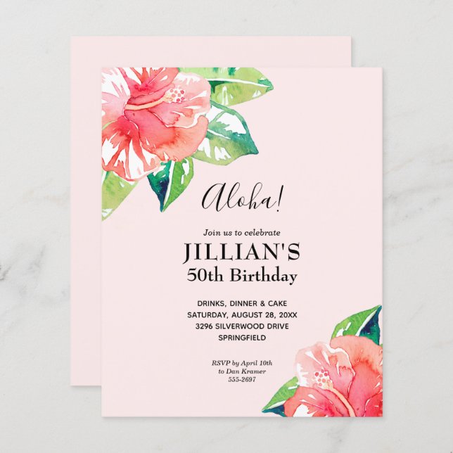 Budget Tropical Hibiscus Birthday Invitations (Front/Back)