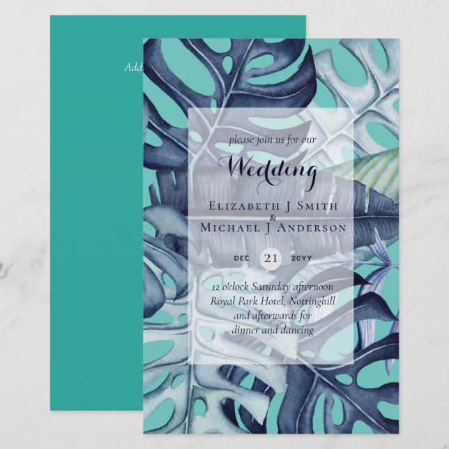 BUDGET Tropical Leaf Blue Teal Wedding Invite (Front/Back)