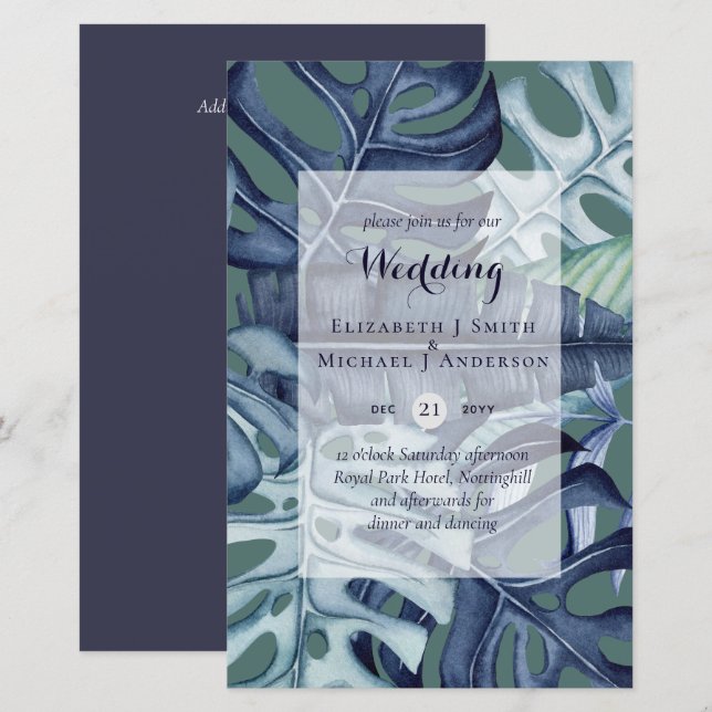 BUDGET Tropical Leaf Blue Teal Wedding Invite (Front/Back)