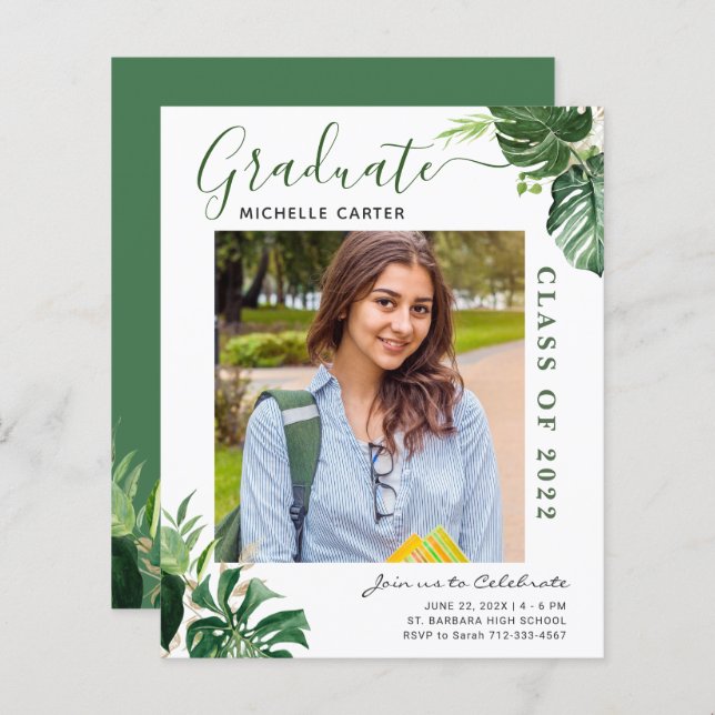 Budget Tropical Leaf Photo Graduation Announcement (Front/Back)