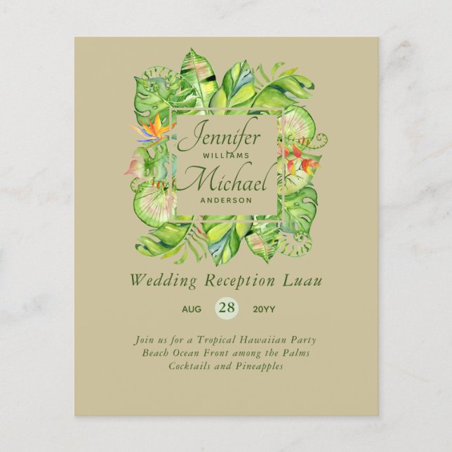 Budget Tropical Leaves Luau Wedding Reception Invi (Front)