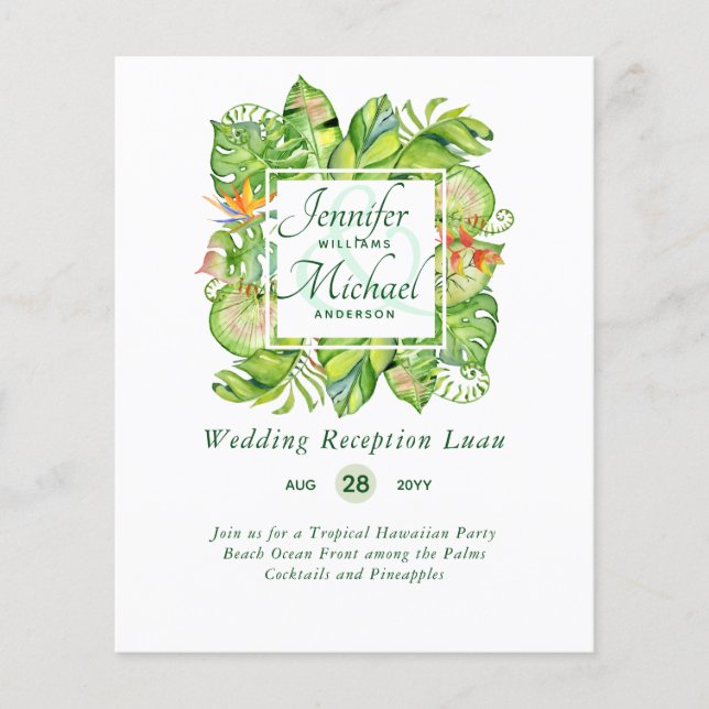 Budget Tropical Leaves Luau Wedding Reception Invi (Front)