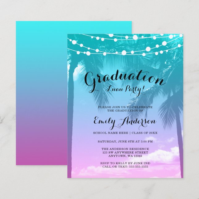 Budget Tropical Luau Teal Pink Graduation Party (Front/Back)