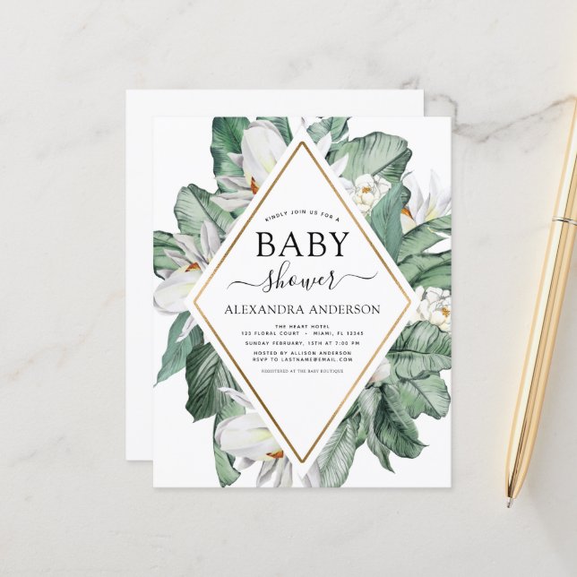 Budget Tropical Magnolia Baby Shower Invitation (Front/Back In Situ)