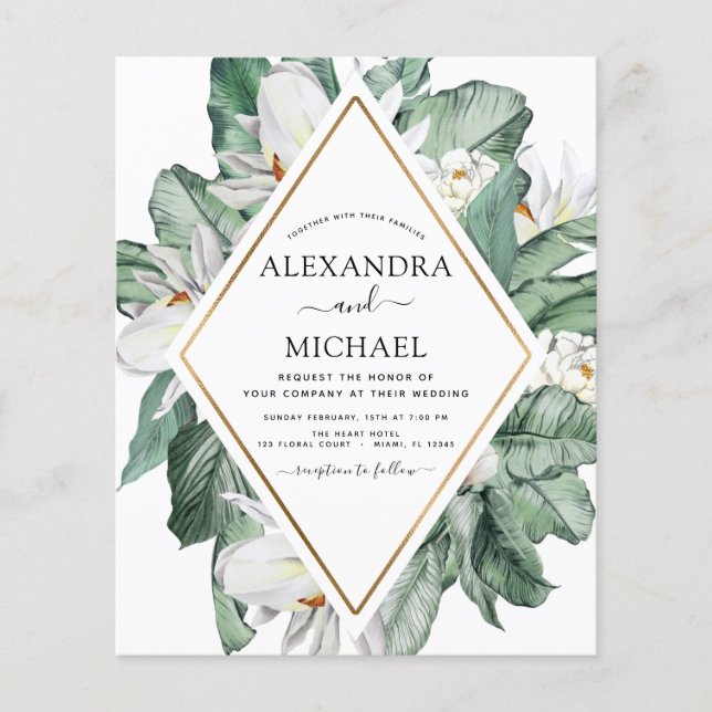 Budget Tropical Magnolia Floral Wedding Invitation (Front)